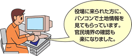 役場に来られた方に、パソコンで土地情報を見てもらっています。官民境界の確認も楽になりました。