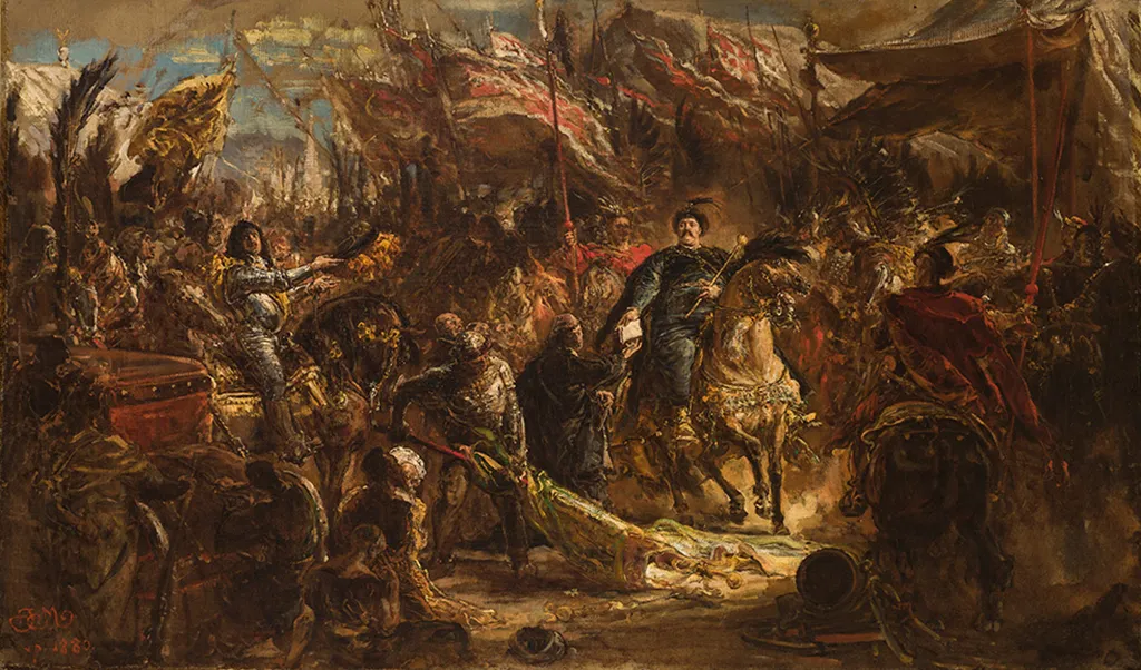 《1683年、ウィーンでの対トルコ軍勝利伝達の教皇宛書簡を使者デンホフに手渡すヤン3世ソビェスキ》
