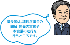 議長席は、議長が議会の開会・閉会の宣言や本会議の進行を行うところです。