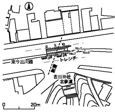 今出川通のボーリングとテストピットならびにトレンチの位置