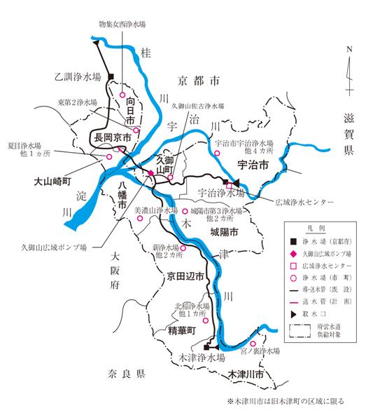 イラスト：府営水道管内の浄水場等（市町分含む）