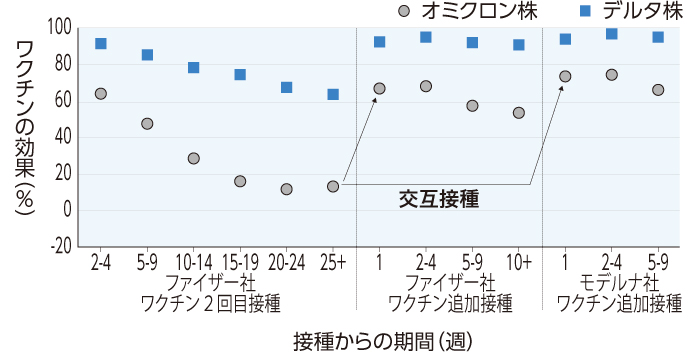 接種からの期間に対するワクチンの効果の推移グラフ