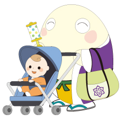 まゆまろとベビーカーの子供のイラスト