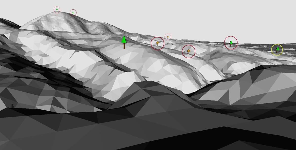 A地点から見た現況地形上に数本の指標樹木を置いたモデル（AutoCADによる）