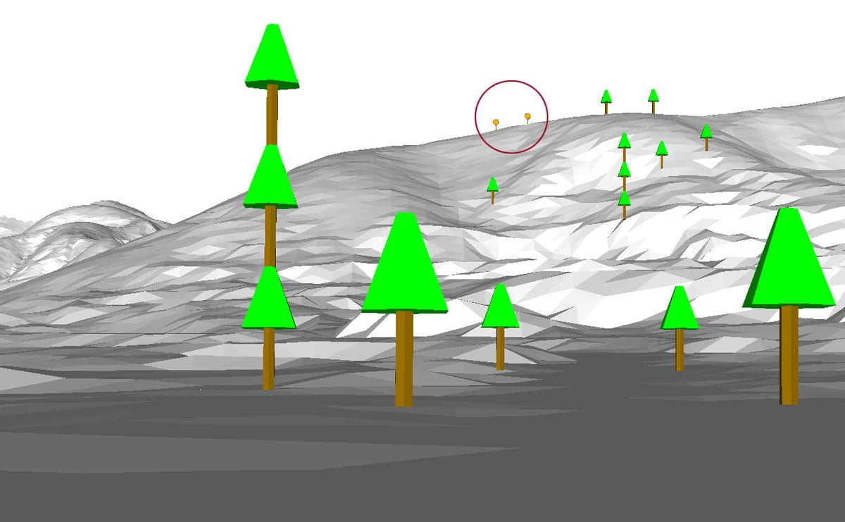 知恩院新門近くから見た現況地形上に十数本の指標樹木を置いたモデル（AutoCADによる）