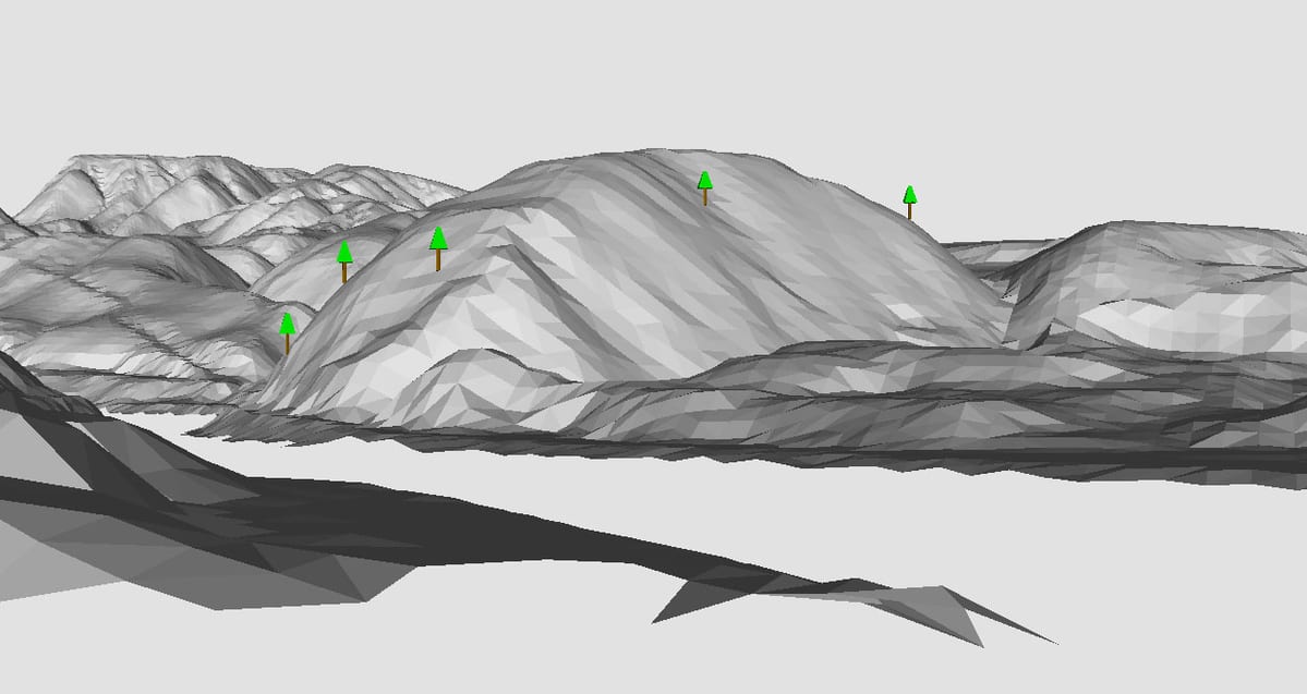B地点から見た現況地形上に数本の指標樹木を置いたモデル（AutoCADによる）