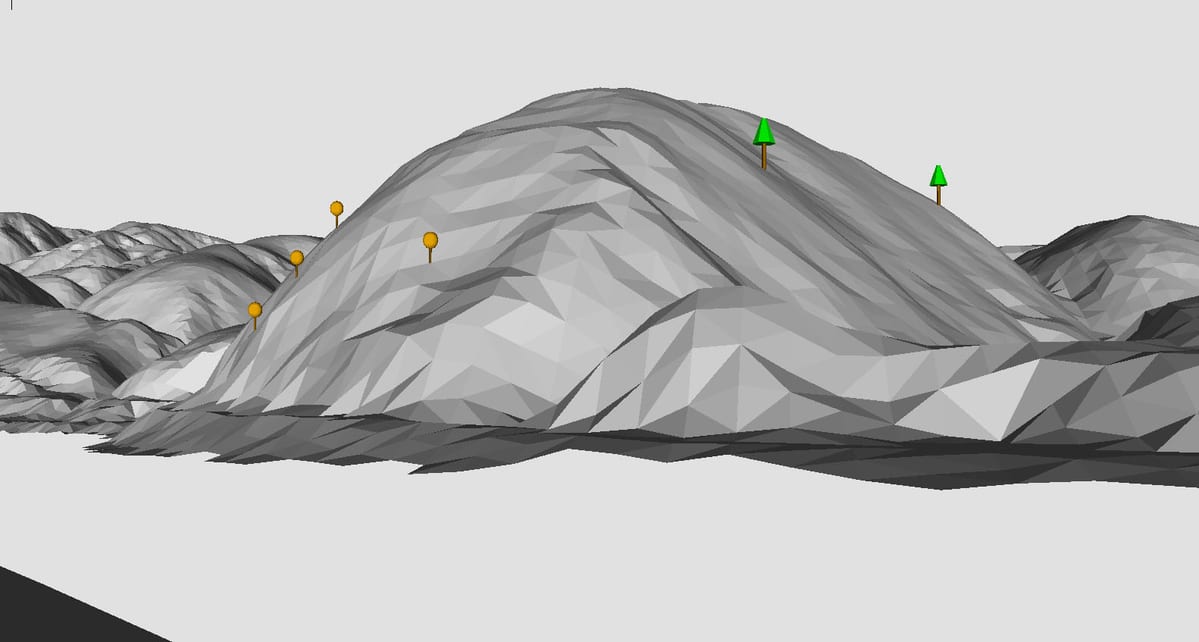 Ｃ地点から見た現況地形上に数本の指標樹木を置いたモデル（AutoCADによる）