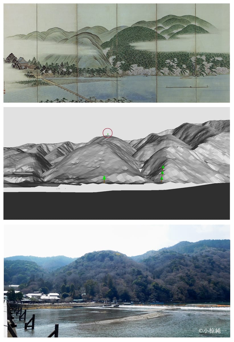 図35 上より「嵐山図六曲屏風」左隻、AutoCADによる現況地形モデル、現況写真（2025年3月21日撮影）
