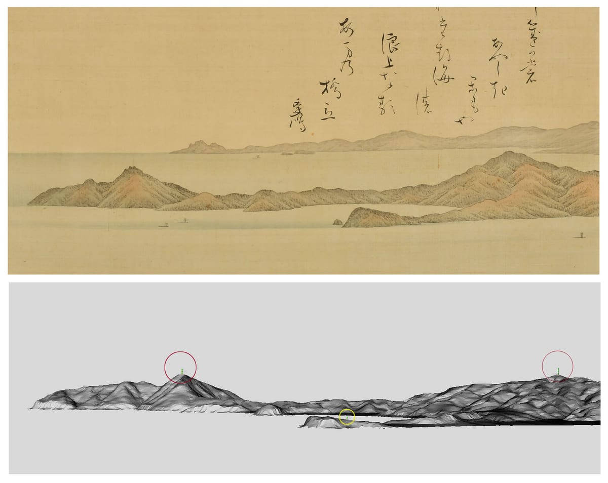 図38 上より「天橋立図」の栗田半島北方部分（その背後に大浦半島）、AutoCADによる現況地形モデル