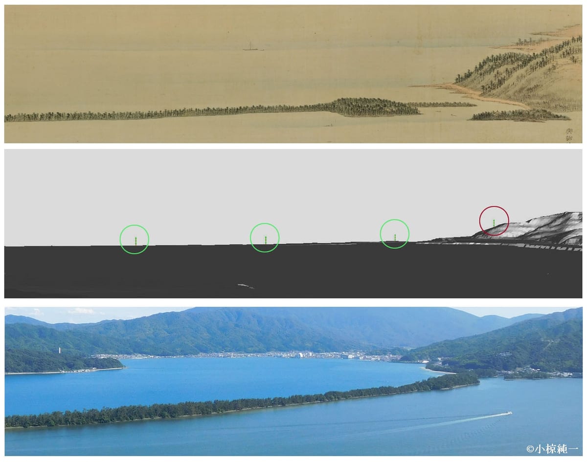 図39 上より「天橋立図」の天橋立南側とその先の山地部分、AutoCADによる現況地形モデル、益軒観より見た天橋立（2019年8月18日撮影）