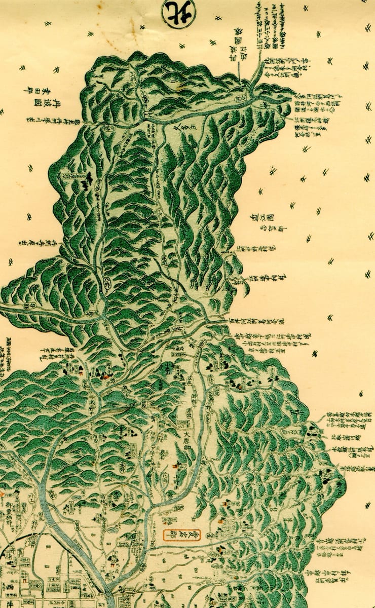 図表3　山城州大絵図（1778年）の洛北の部分。大原へ向かう道は上高野の「古城跡」と記されたところの東側で高野川を渡っている。京都府立京都学・歴彩館所蔵。