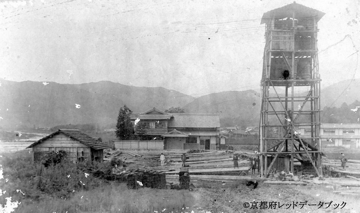 写真21　丹礬注入工場。上賀茂朝露ケ原。左端に見えるのは賀茂川。1925年頃。