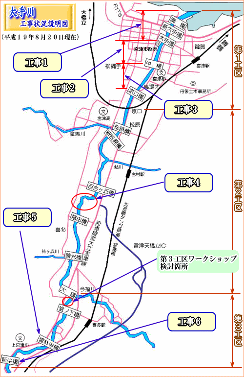 大手川工事実施状況説明図（平成19年8月20日現在の状況）