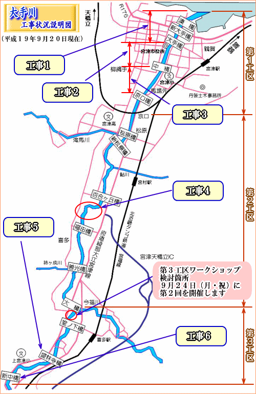 大手川実施状況説明図（9月20日現在の実施状況）