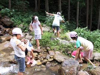 生き物調査中の児童たち1